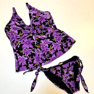 Bikini Bay Clothing Co. Swim Suit sz M Black with Purple Hawaiian Flowers - Picture 1 of 5