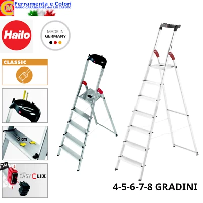 Scala in Alluminio HAILO 4 5 6 7 8 Gradini Antiscivolo Vaschetta Portaoggetti - Immagine 1 di 4