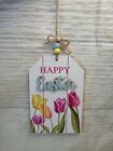 New! "Happy Easter" Tulips Luggage Tag Hanging Wood Sign Decor Floral Tier Tray