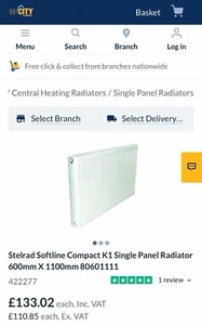 Stelrad Softline Compact K1 Single Panel Radiator600mm X 1100mm 80601111 - Picture 1 of 6