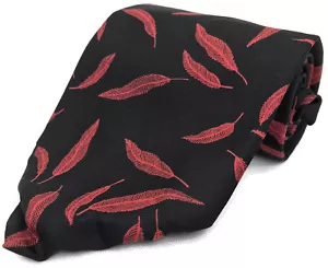 Perry Ellis 100% Seide Krawatte Herren Krawatte Schwarz Rot Federn Italien Größe Gr. 56L 3,5W - Bild 1 von 10