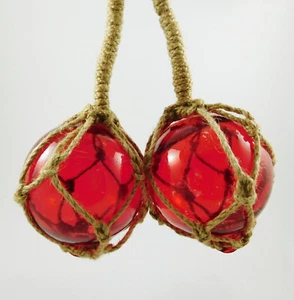 Glass Float Nautical Sea Fishing Buoy 2 x 3" / 7.5cm Dia With Rope Hangers Red - Picture 1 of 3