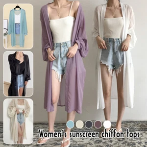 Women Chiffon Long Cardigan Mesh Sheer Summer Sunscreen Coat Open Loose Outwear - Picture 1 of 24
