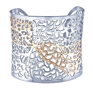 STAINLESS STEEL TWO TONE FILAGREE WIDE CUFF BANGLE, 7" - Picture 1 of 2