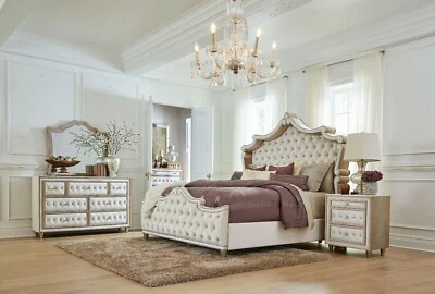 MAJESTIC 4 PC IVORY & CAMEL VELVET KING BED NS DRESSER BEDROOM FURNITURE SET - Image 1 of 4