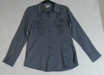 Blusa Ariat Mujer Mediana Azul Cambray Adornada Top Botones Western Rodeo Foto 1 de 4