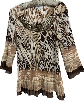 Blusa Dressbarn Top XL Marrón Beige Acordeón Plisados Adornada Camisa Fairycore Foto 1 de 4