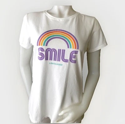 Life Is Good Crusher Tee Shirt Womens M Retro Rainbow Sherbet Smile White Cotton - Image 1 of 4