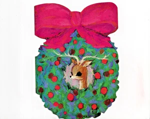 Tarjeta de Navidad vintage, MOD Big Eyed Doe con corona y lazo grande - Imagen 1 de 3