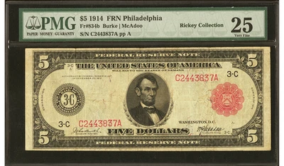 Fr. 834b $5 1914 Red Seal Federal Reserve Note PMG VF25 - Image 1 of 2