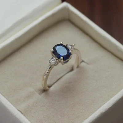 Blue Sapphire 925 Lab Created Gemstone Silver Ring 925 Sterling Silver - Image 1 of 4