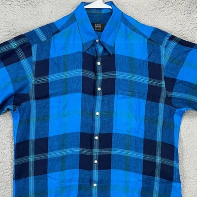 IKE Behar Mens Linen Button Up Shirt Large Blue Plaid Short Sleeve Made In USA - Image 1 of 4