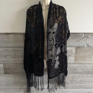 Toujours Elegante Burnout Terciopelo y Seda Flecos Chal Bufanda Negro Dorado Floral - Imagen 1 de 8