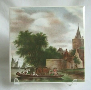 STEULER W GERMANY ORIGINAL 6" BY 6" PORCELAIN TILE BOAT WITH CATTLE - Bild 1 von 2