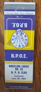 FRATERNAL MATCHBOOK COVER: ELKS LODGE NO. 28 (WHEELING, WEST VIRGINIA) -G9 - Picture 1 of 1
