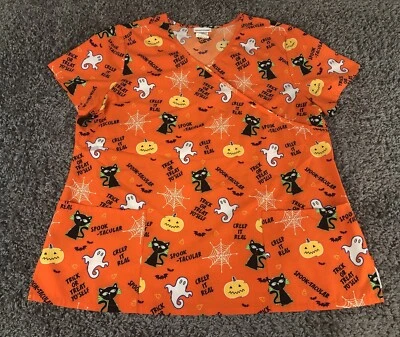Scrubstar Scrub Top Womens XL Halloween Orange Ghost Black Cat Pumpkins - Image 1 of 4