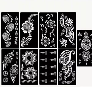 Wiederverwendbare Mehndi Henna Schablonen Temp Tattoo Hand Körper Kunst 9 Muster Eid Hochzeit - Bild 1 von 7