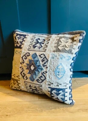 Blue Cushion Cover Natural Silver Geometric Kilim PET Yarn Cushion 50 cm x 50 cm - Image 1 of 4