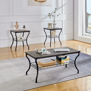 3 PCS Coffee Table and 2 Nightstand End Tables Occasional Living Room Set Wooden - Picture 1 of 50