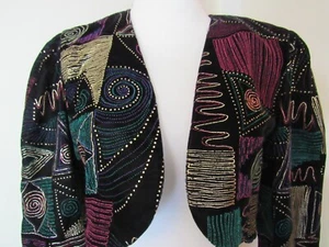 VTG Ms Choice 12 P Bolero Crop Jacket Black Velvet Metallic Geometric New Wave - Picture 1 of 11