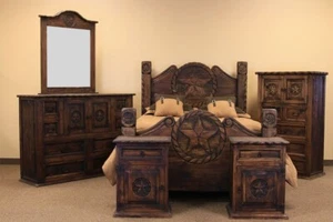 ROP021 Rustic Bedroom Set with Texas Star, Queen Bed Set 6 Pieces - Picture 1 of 2