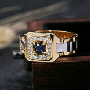 Two Tone 925 Silver & Gold Plated Ring Men Cubic Zircon Ring Sz 6-12 - Picture 1 of 9