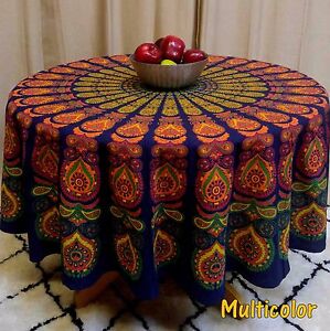 Cotton Sanganer Peacock Floral 72 inch Round Tablecloth Blue Roundy Beach Sheet