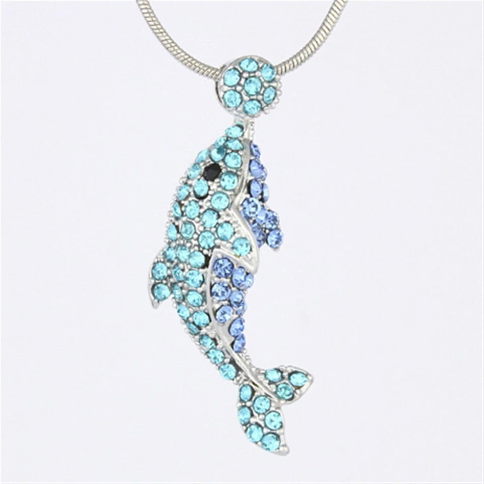 Teal Blue Rhinestone Crystal Jumping Dolphin Pendant Necklace P924 - Image 1 of 3