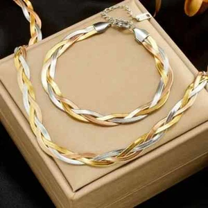 2Pc Necklace Bracelet Stainless Steel Jewelry Set Vintage Hip Hop Women Gift - Picture 1 of 5