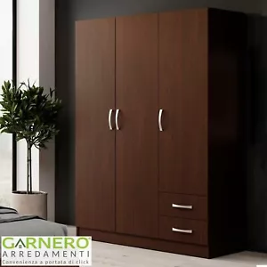 Armadio 3 ante battenti 2 cassetti TROPEA wengè arredamento camera moderna 120cm - Foto 1 di 3