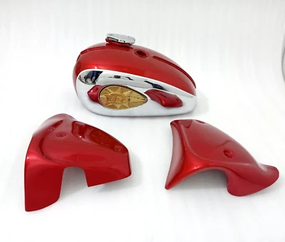 BSA A65 2 Gallon Cherry & Chrome Steel Petrol Tank + Side Panel + Badge + Cap - Image 1 of 4