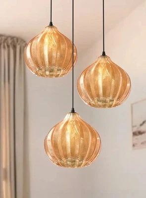 Lámpara colgante moderna de vidrio de 3 luces ámbar a rayas con racimo de globo Foto 1 de 4