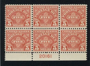 USA, #J78 - 5 $ Porto fällig, stumpfer karminfarbener Plattenblock von 6 postfrisch. F/VF Top! - Bild 1 von 2