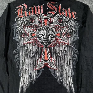 Raw State Shirt Men Large Black Wings Graphic Grunge Punk Rock Spellout Logo - Picture 1 of 9