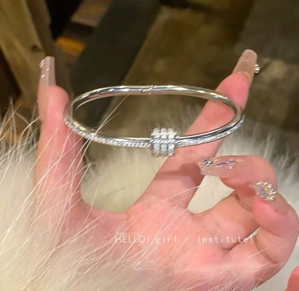 Silver Bangle Bracelet Titanium Steel Cubic Hinged Screw Opening NEW - Image 1 of 1