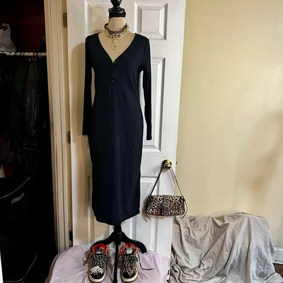 Vestido midi negro con abertura lateral Henley acanalado de algodón azul marino antiguo para mujer L Foto 1 de 4