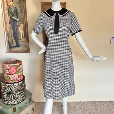 Vintage 60s/70s Mod Dolly Collar B&W Graph Polka Dot Necktie Dress XL - Image 1 of 4
