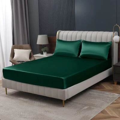 HOMIEST Blackish Green Satin Fitted Sheet Full Size Fitted Bed Sheet Deep Pocket Fitt...