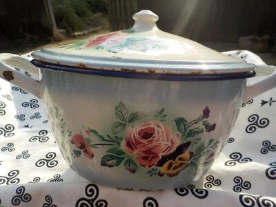 faitout ancien tôle émaillée décor bouquets de roses années 1930/1950 - Photo 1/4