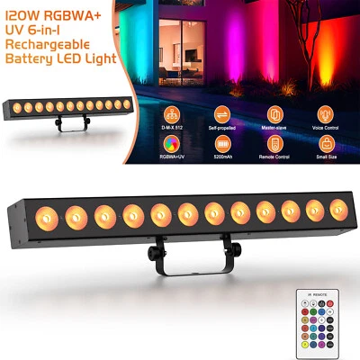 12LED RGBWA+UV Wall washer Light DMX DJ Disco Show Rechargeable Stage Light Bar - Image 1 of 4