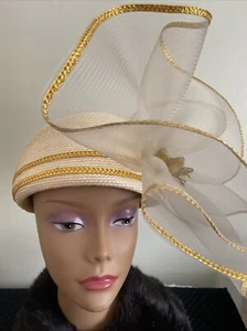 Kentucky Derby Church Wedding Easter Tea Party R.O.C. Fascinator Hat Ivory Gold - Picture 1 of 12