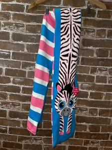 NWT Justice Girls Reversible Knit Zebra Critter Winter Scarf blue pink stripes - Picture 1 of 6