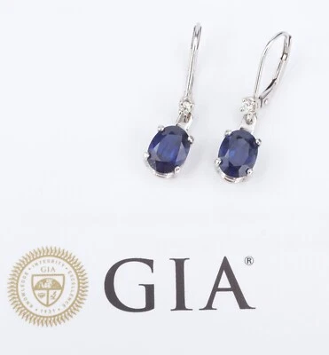 Brincos pendentes de diamante de safira 3 quilates platina ouro branco 14k oval GIA EG2493 - Imagem 1 de 3