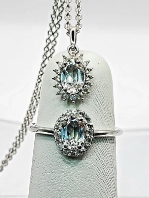 Anel de topázio branco e zircão tamanho 8 e conjunto de pingente platina sobre prata esterlina - Imagem 1 de 4