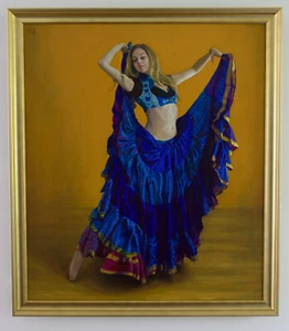 Original Framed Oil Painting Female Girl Blue Belly Dancer Realist costume dance - Picture 1 of 5