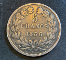 1836 FRANCE King Louis Philippe I French Antique OLD Silver 5 Francs Coin