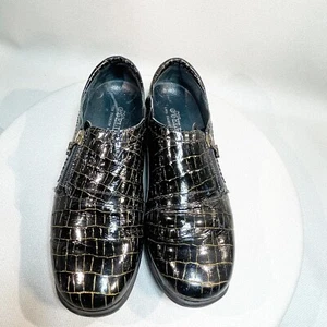 Helle Comfort Fashion & Wellness sz 36 Black Gold Leather Croc Zipper Side Shoes - Picture 1 of 11
