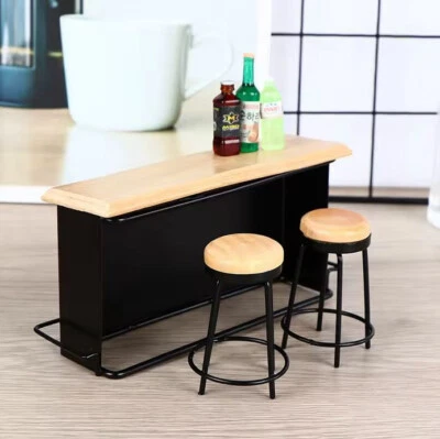 Dollhouse Bar and Stools Wood & Metal Exquisite Workmanship 1/12 Scale 14*4*7cm - Image 1 of 4