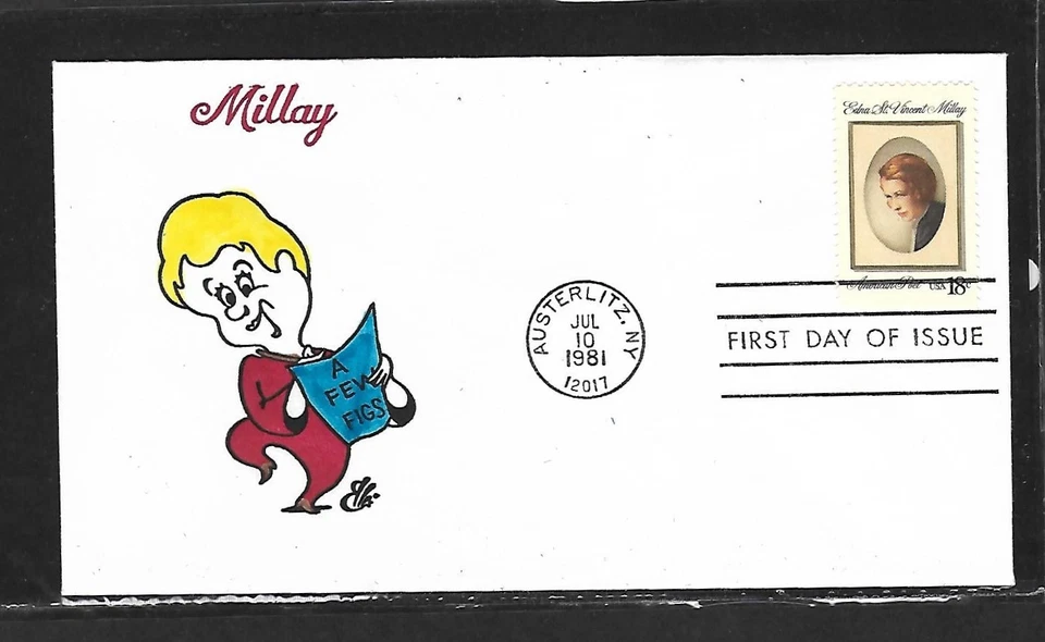 USA HAND PAINTED EDNA MILLAY 1981 RICHARD ELLIS ANIMATED FDC + CACHET - Image 1 of 1