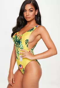 Missguided Womens Yellow Tropical Print High Leg Low Side Swimsuit Size 8 - Picture 1 of 3